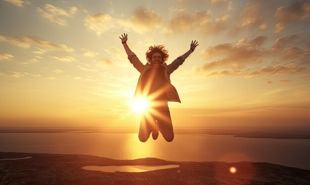 Foto um homem a saltar no ar em frente ao sol.