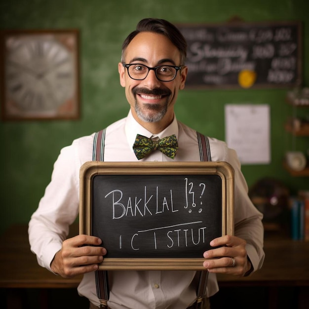 Um homem a segurar um letreiro com a palavra " bake ".