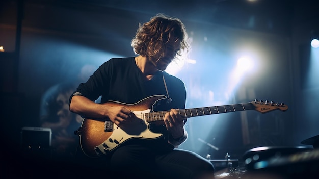 Um homem a tocar guitarra numa sala escura.