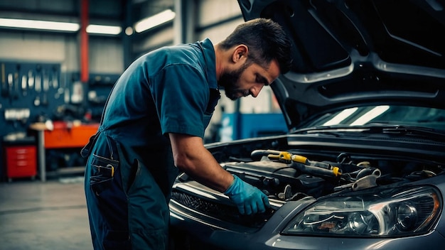 Um homem a trabalhar num carro com uma chave inglesa no capô.