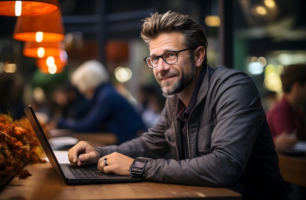 Um homem a trabalhar num portátil num bar.