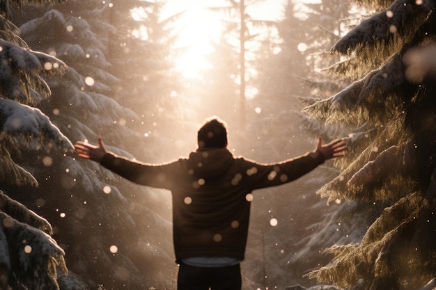 Foto um homem abraçando a neve que cai em uma floresta invernal abre os braços em pura alegria, saboreando a beleza serena do momento