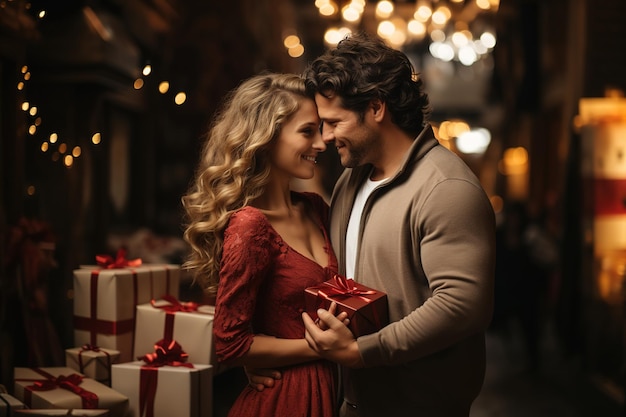 Um homem abraçando uma mulher desejando-lhe Feliz Natal e entregando-lhe um presente um fundo luminoso festivo Geração AI