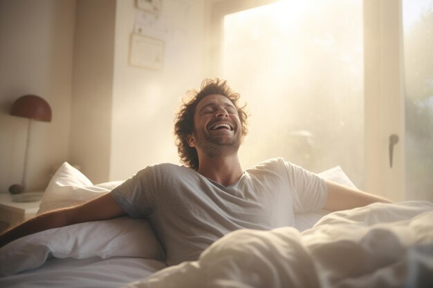 Foto um homem acorda feliz no quarto branco de manhã