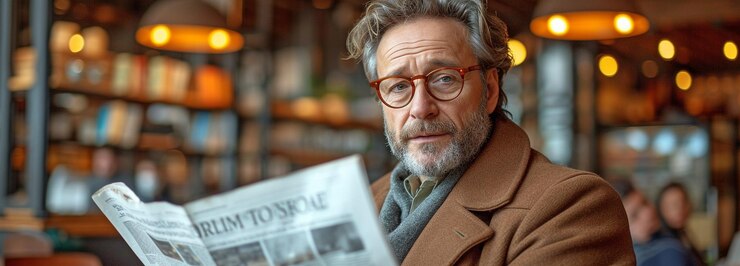 Um homem adulto está num café a ler um jornal.