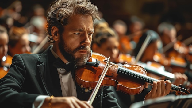 Um homem adulto toca violino em uma orquestra sinfônica em um fundo desfocado
