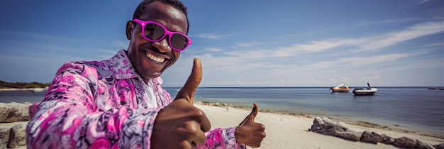 um homem africano alegre mostrando os polegares para cima na praia no estilo da administração de segurança agrícola