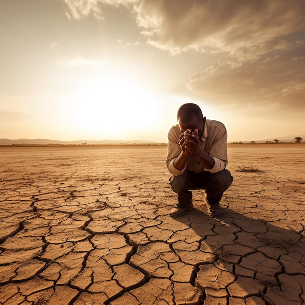 Um homem africano sentou-se de joelhos dobrados em terra seca e mãos fechadas em seu rosto aquecimento global