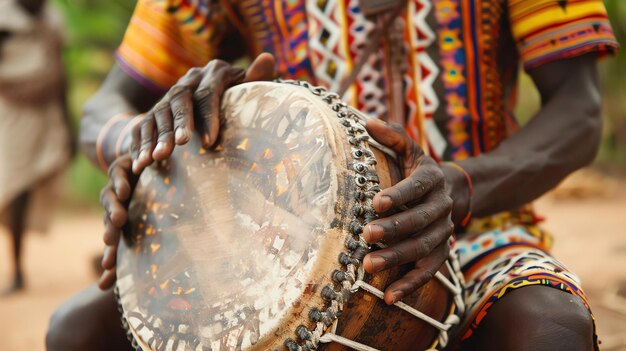 Foto um homem africano tocando um tambor tradicional o homem está vestindo roupas coloridas e tem as mãos no tambor