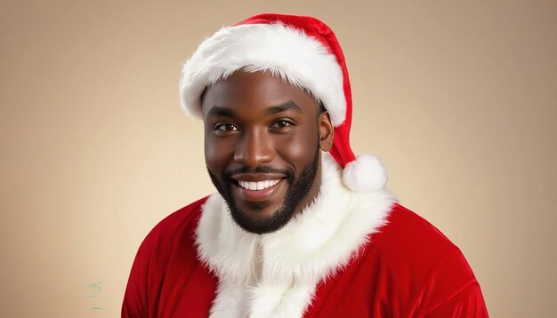 Um homem africano vestido de Papai Noel parecendo feliz.