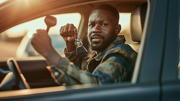 Um homem afro-americano alegre segurando a chave do carro balançando os punhos sentado no espaço de cópia de automóvel para texto