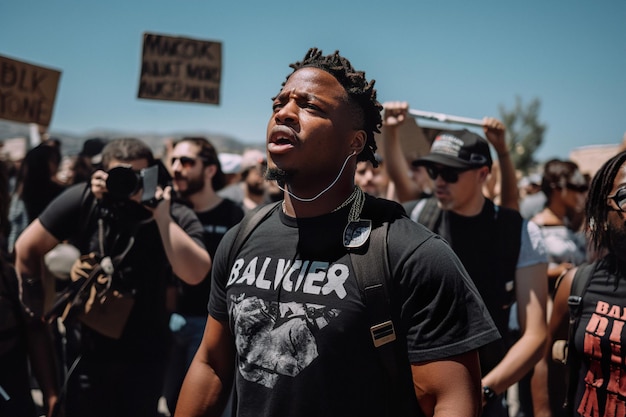 Um homem afro-americano com o punho erguido protesta durante um protesto anti-racista