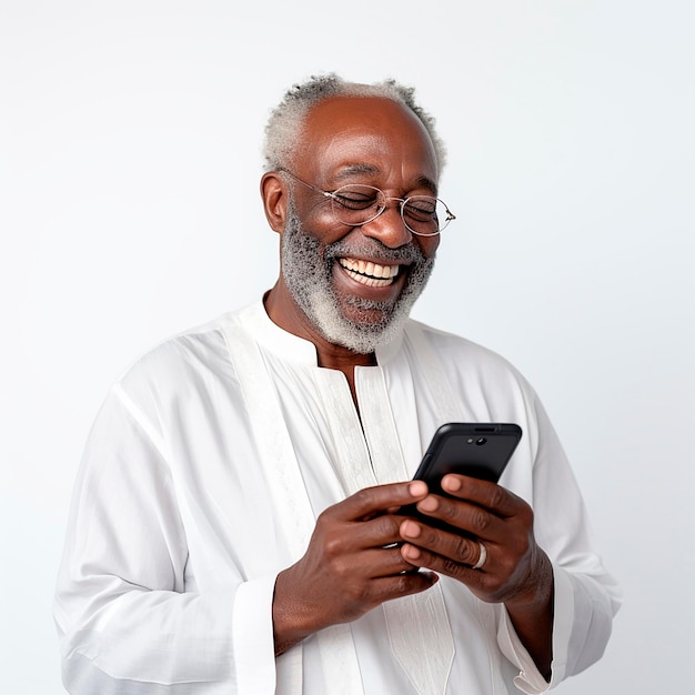 Um homem afro-americano com um telefone nas mãos.