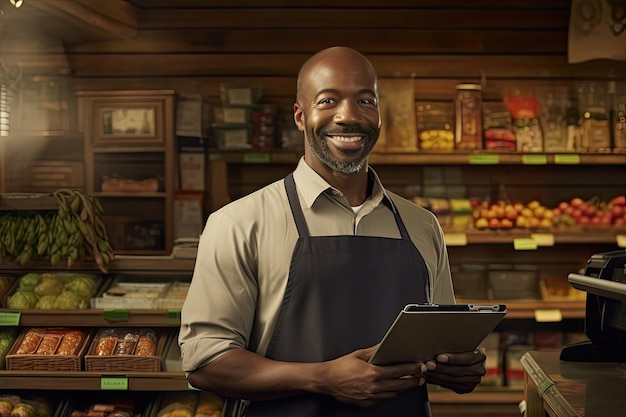 Foto um homem afro-americano de meia-idade que era dono de uma mercearia com um tablet, o seu próprio pequeno negócio num país de oportunidades iguais, ele está de pé e sorri abertamente olhando para a câmara.