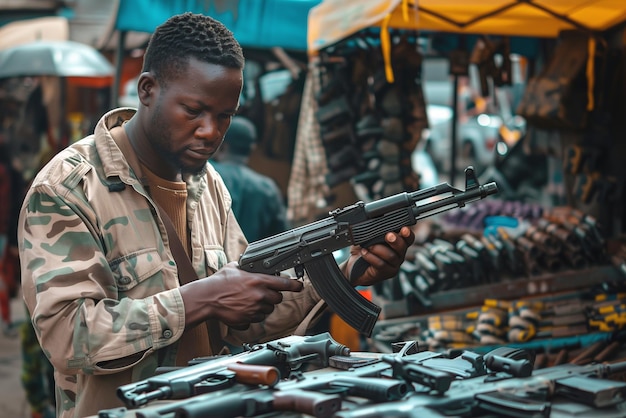 Um homem afro-americano escolhe um rifle no mercado negro.