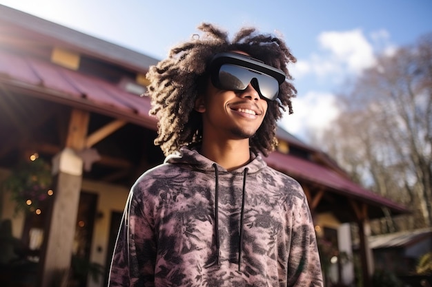 Foto um homem afro-americano feliz com um penteado elegante grandes óculos de sol e um capuz ao ar livre