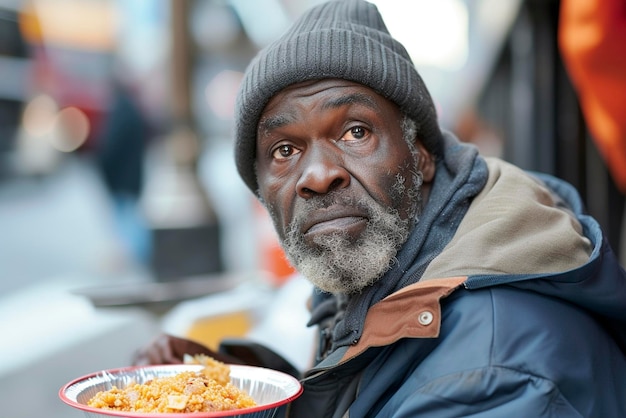Um homem afro-americano sem-abrigo come em uma cantina de rua para os pobres