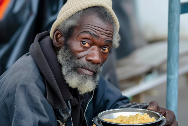 Um homem afro-americano sem-abrigo come em uma cantina de rua para os pobres