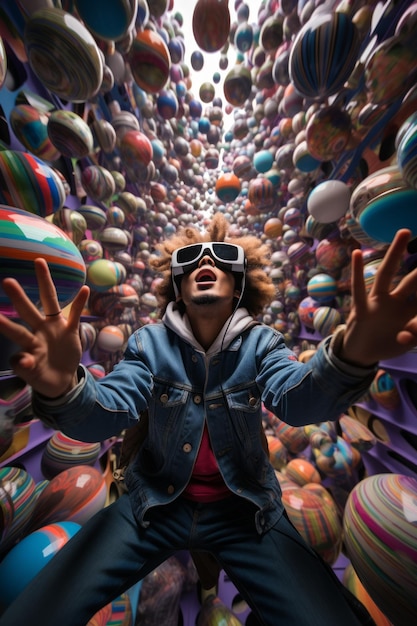 Foto um homem afro usando fone de ouvido de realidade virtual cercado por bolas coloridas