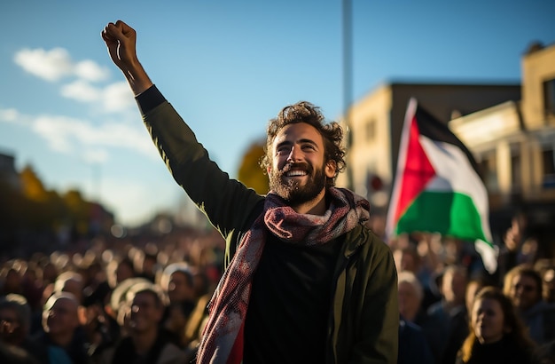 Foto um homem agita a bandeira palestina para a liberdade para a palestina protesto após ataques aéreos em gaza