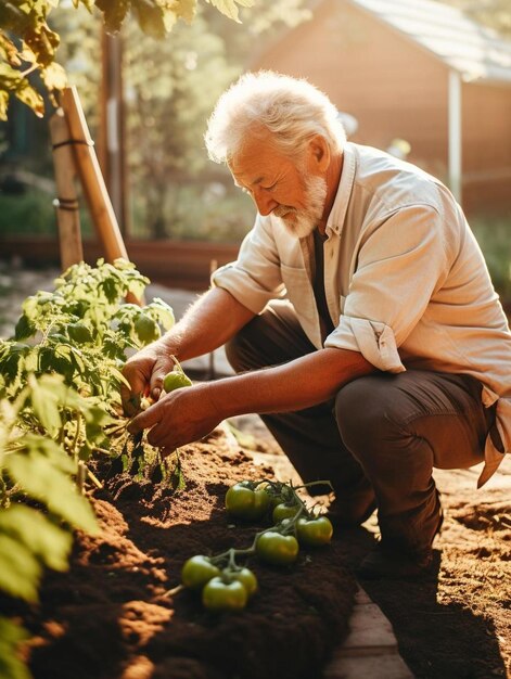 Foto um homem ajoelhado num jardim a colher tomates