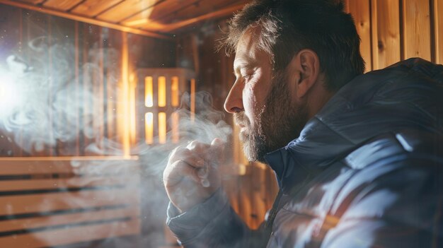 Foto um homem ajustando cuidadosamente as configurações de temperatura da sauna para evitar o risco de superaquecimento