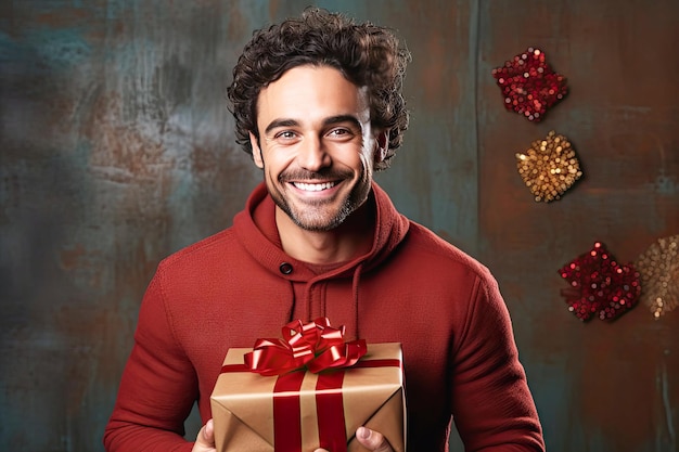 Um homem alegre com um presente nas mãos usando óculos tem um sorriso branco como a neve