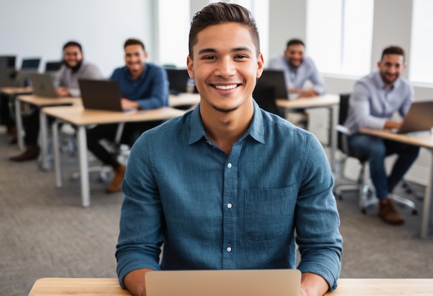 Um homem alegre de camisa azul senta-se em uma sala de aula ele sorri com confiança com seus colegas estudando em