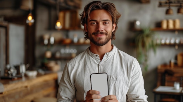 Foto um homem alegre e emocional segura um grande telefone celular em branco mostrando a tela branca para a câmera e apontando para você recomendando um aplicativo ou site móvel mostrando um banner de maquete