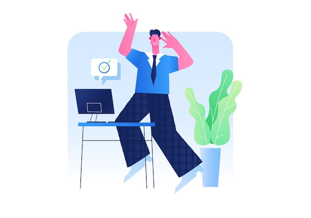 Um homem alegre em trajes formais celebra em um ambiente de escritório com um computador e uma planta Ilustração vetorial