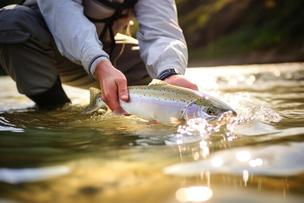 Foto um homem alegremente segura um grande peixe nas águas cristalinas, exibindo sua captura bem-sucedida do dia