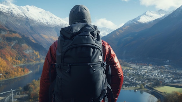 Um homem alpinista com uma mochila aprecia a vista da IA generativa