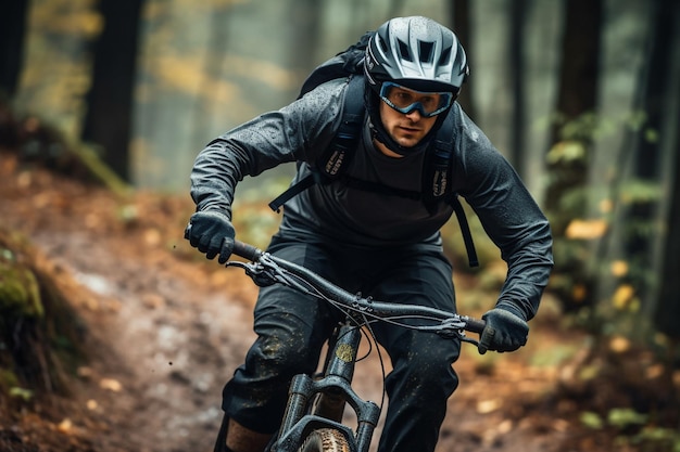 Um homem anda de bicicleta de montanha em um capacete e equipamento na estrada em uma floresta verde