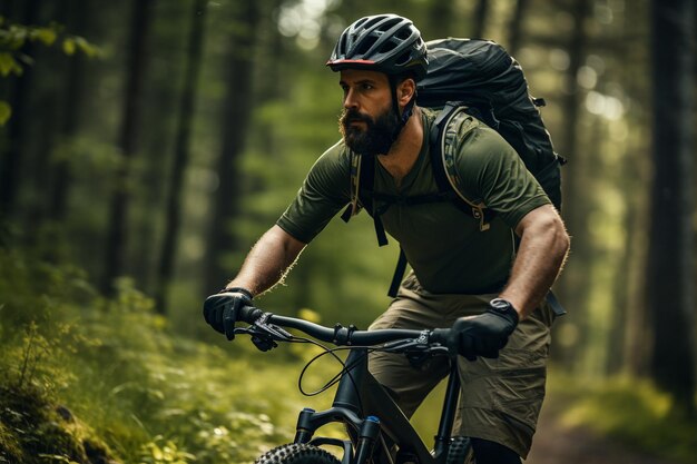 Um homem anda de bicicleta de montanha em um capacete e equipamento na estrada em uma floresta verde