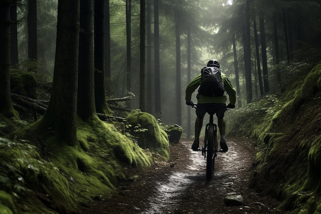 Um homem anda de bicicleta de montanha em um capacete e equipamento na estrada em uma floresta verde