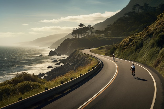 Um homem anda de bicicleta em uma estrada ribeirinha com uma bela vista sobre um fundo desfocado
