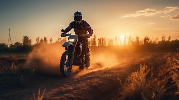 Um homem anda de bicicleta no pôr do sol.