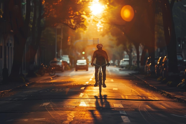 um homem anda de bicicleta por uma rua ao pôr do sol