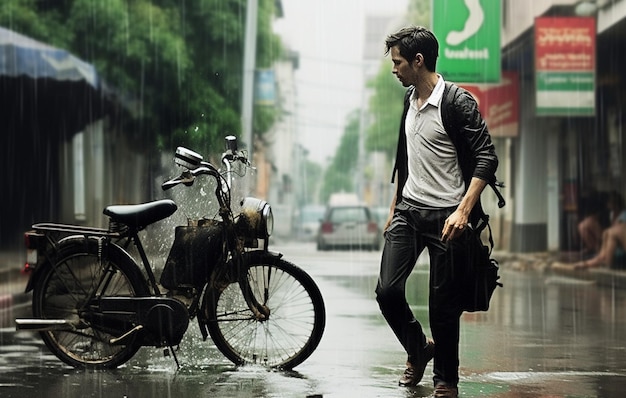 um homem anda na chuva com uma bicicleta.