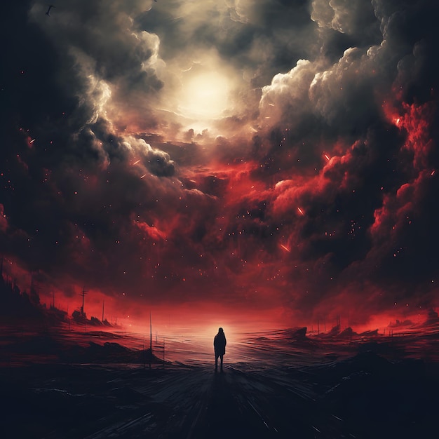 Um homem anda num mundo escuro e vermelho com um céu vermelho e uma nuvem com o sol a brilhar atrás dele.