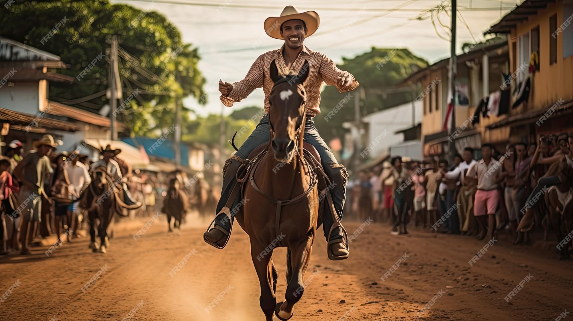 Garoto com chapéu de cowboy e garota excitada jogada montando