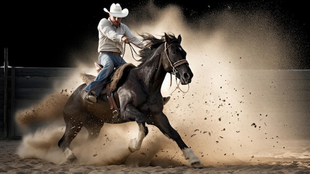 Um homem andando a cavalo com um chapéu de cowboy.