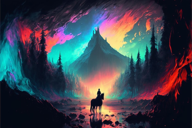 Um homem andando a cavalo nas montanhas com céu colorido de arco-íris generativo ai