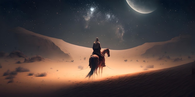 Um homem andando a cavalo no deserto com a lua ao fundo