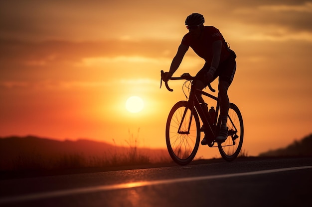 um homem andando de bicicleta em uma estrada ao pôr do sol no fundo desfocado