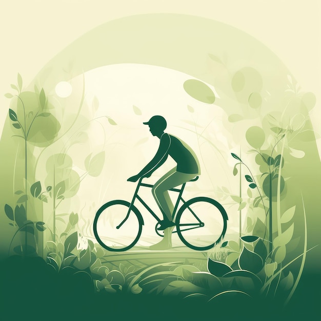 Um homem andando de bicicleta em uma ilustração verde e branca.