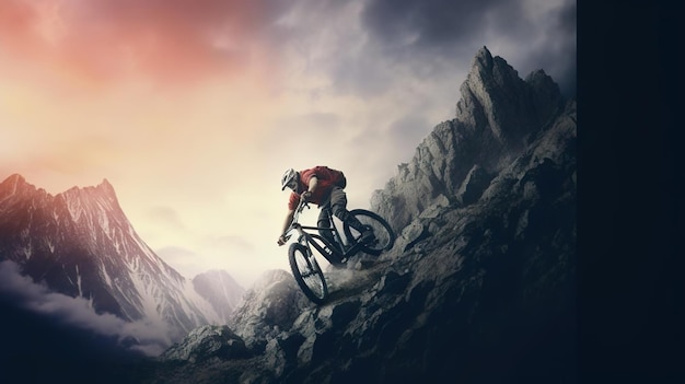 um homem andando de bicicleta em uma montanha
