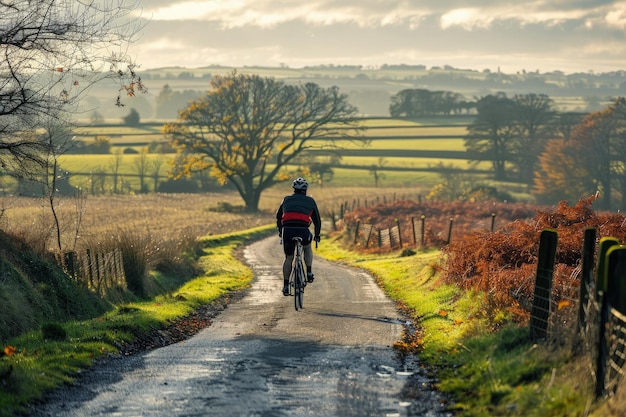 Um homem andando de bicicleta por uma estrada de campo