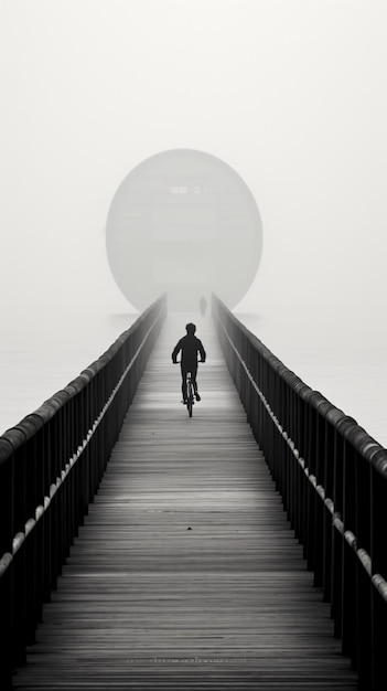 um homem andando de bicicleta por uma ponte de madeira