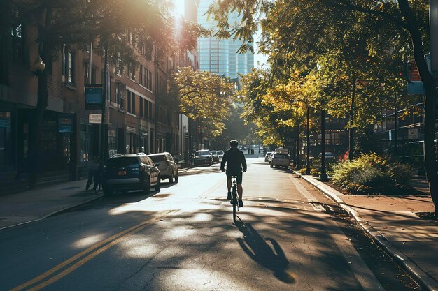 Foto um homem andando de bicicleta por uma rua em um dia ensolarado